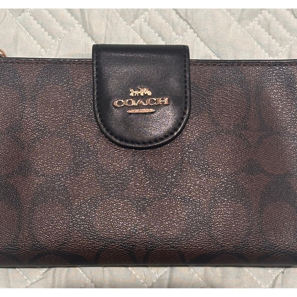 Coach Signature Canvas Medium Envelope Wallet Brown Black F52244 Wristlet